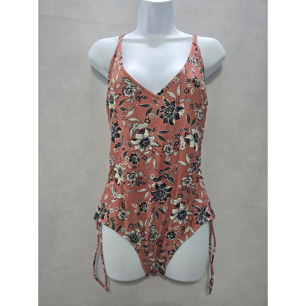 Kona Sol Pink 90s Floral Beach Vacation Boho Resort One Piece Swimsuit Large